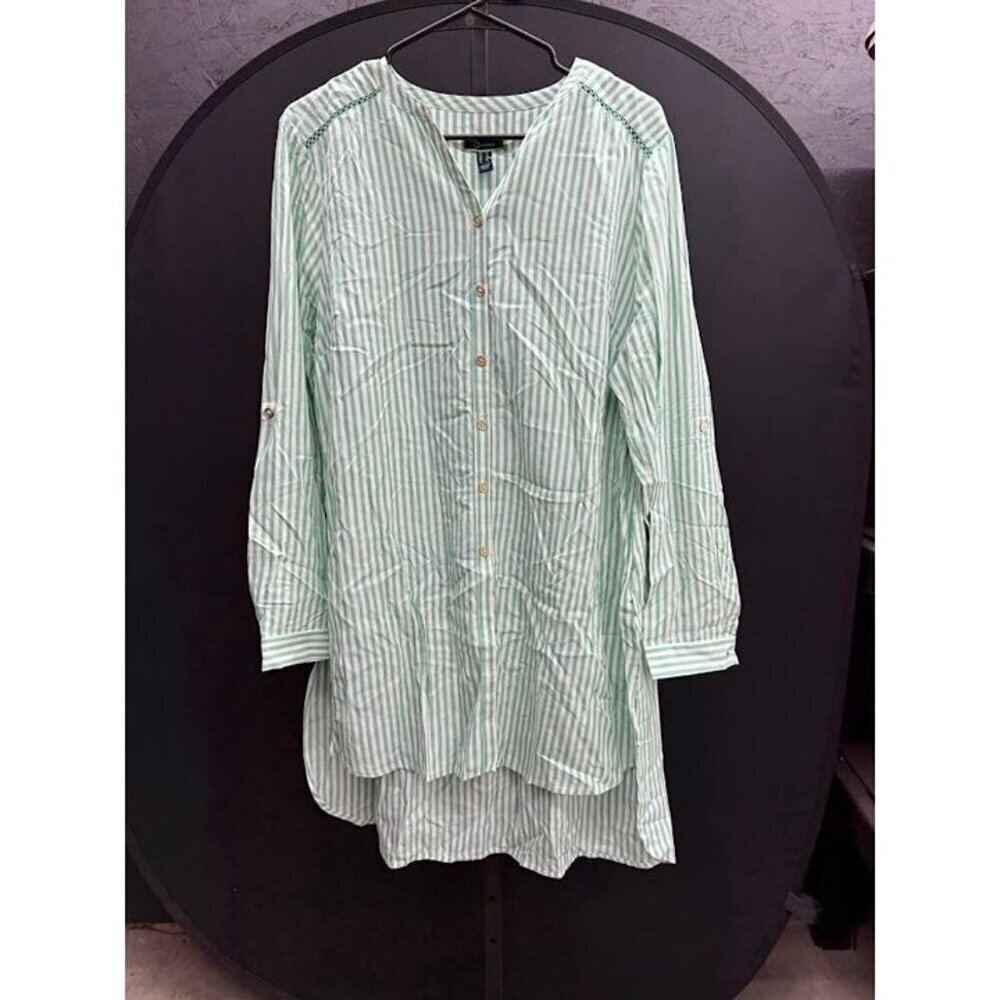 C. Wonder Green Striped Button Front Long Tunic Blouse